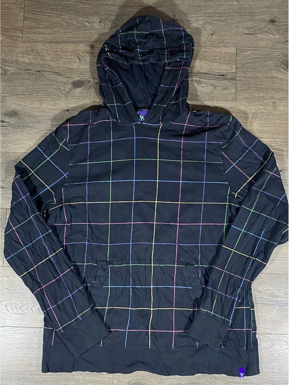Vurt Hoodie Men's XL Black Multicolor Grid Y2K Skater Streetwear Cotton